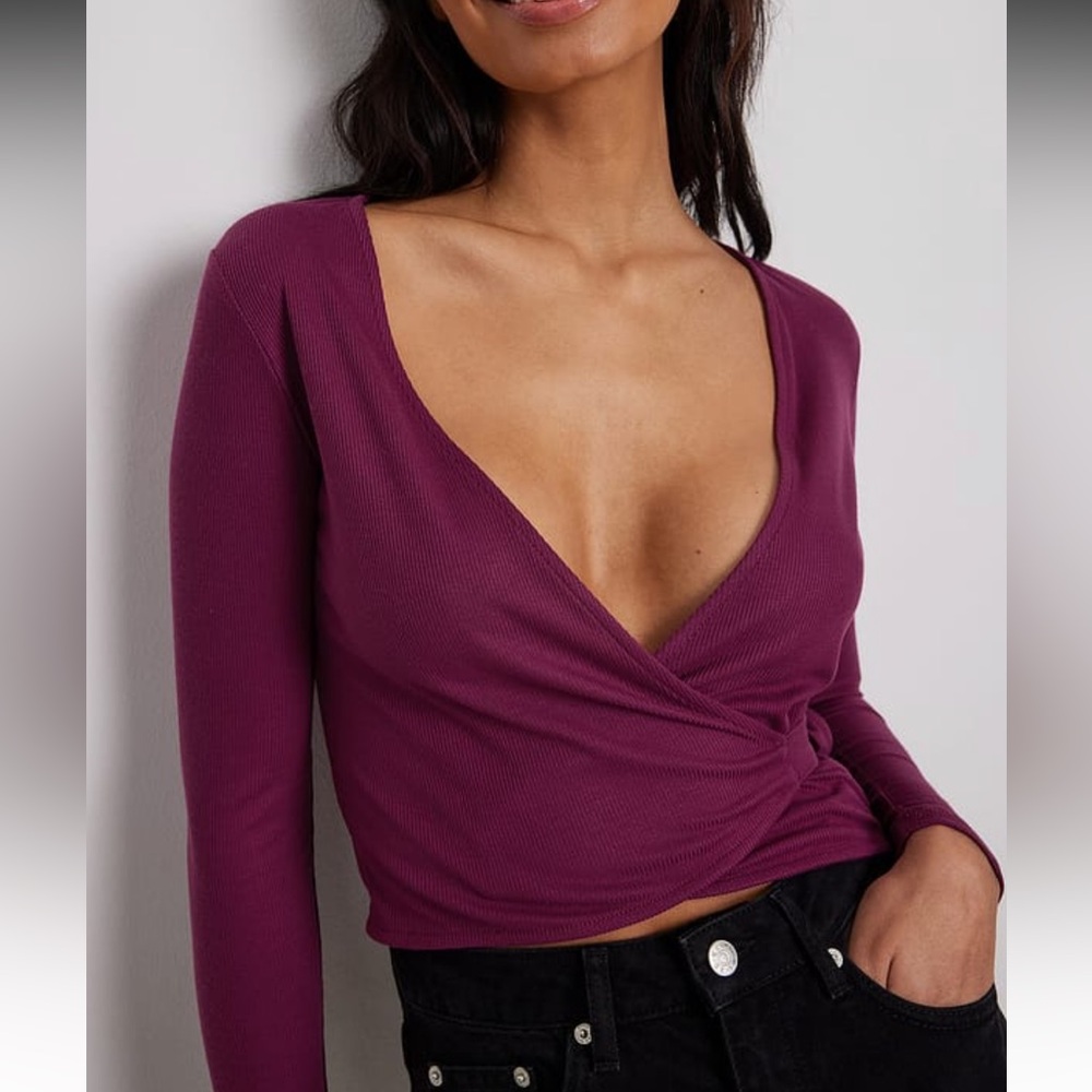 NA-KD Ribbed Wrap Top Sz Medium - Picture 2 of 3